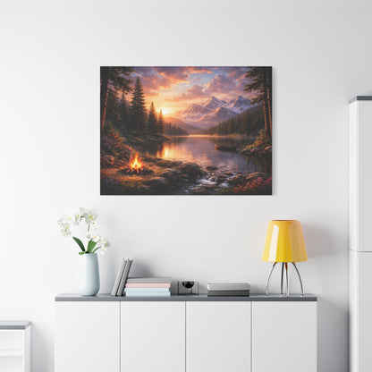 Sunset Mountain Lake Campfire Canvas Wall Art