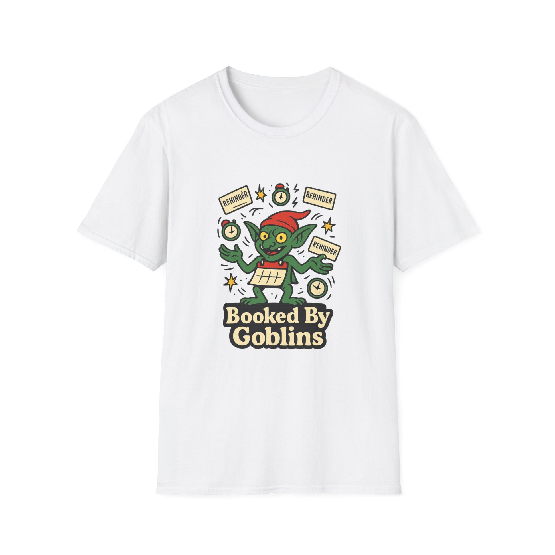 Calendar Goblin artwork shown on the front of a clean studio graphic tee
