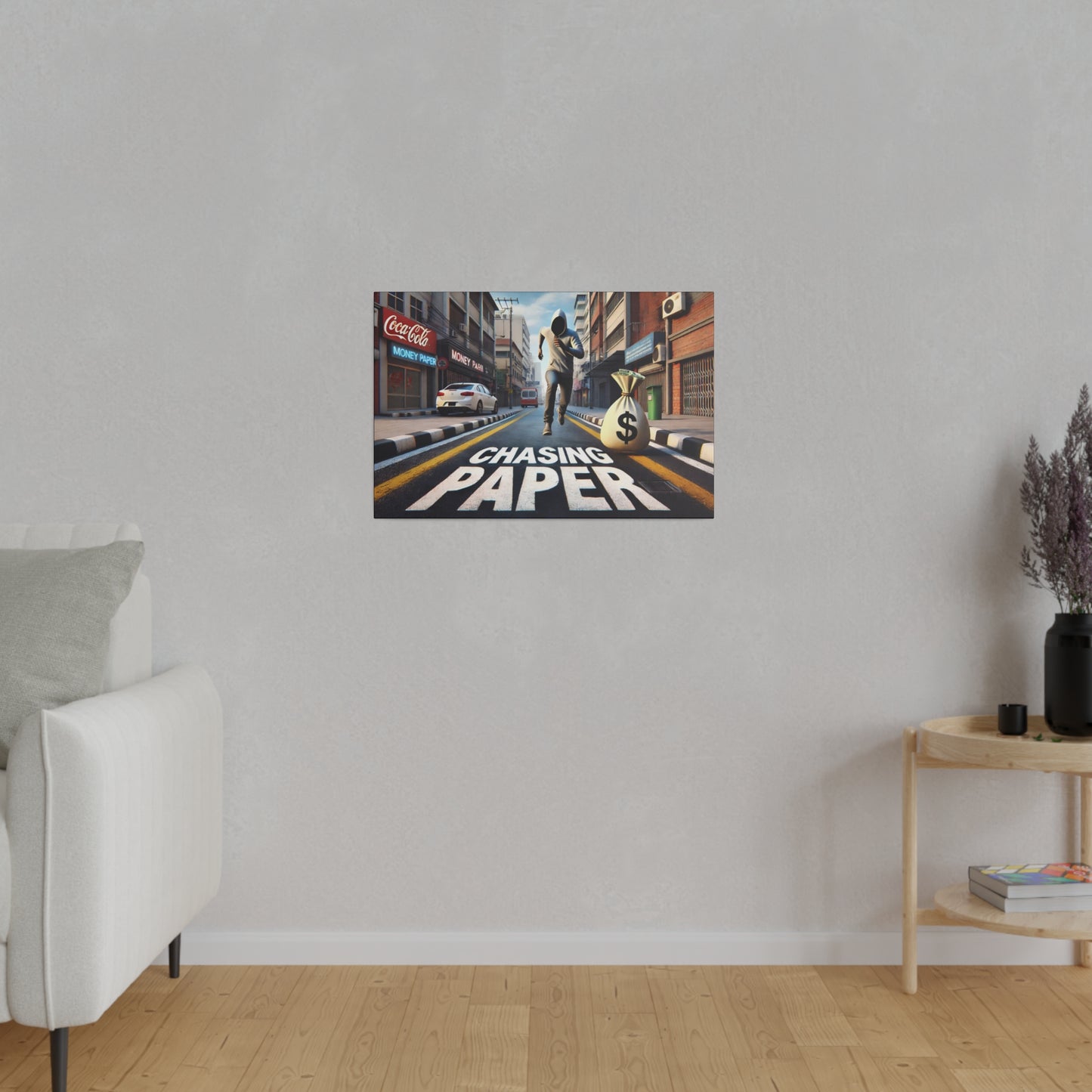 Chasing Paper: Dynamic Urban Canvas Print – Motivational Art