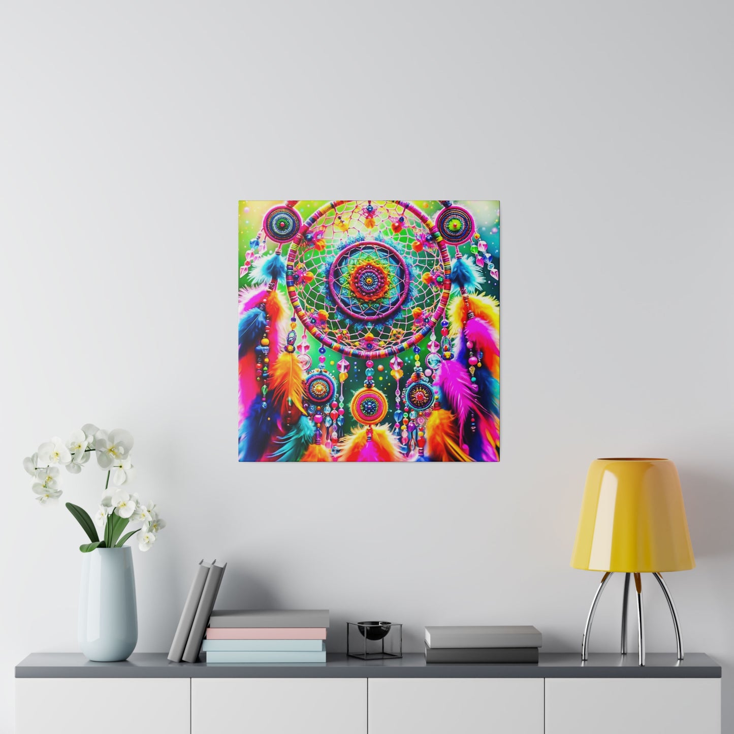 Vibrant Dreamcatcher: Kaleidoscopic Feather Canvas Art