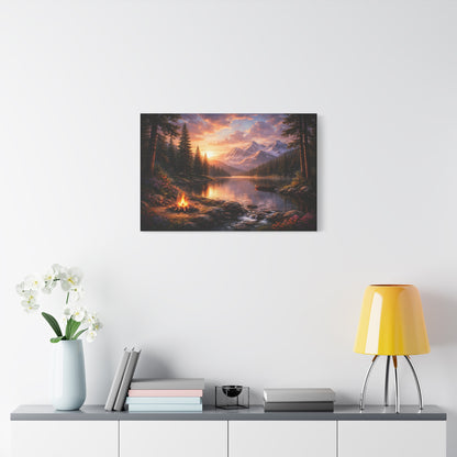 Sunset Mountain Lake Campfire Canvas Wall Art