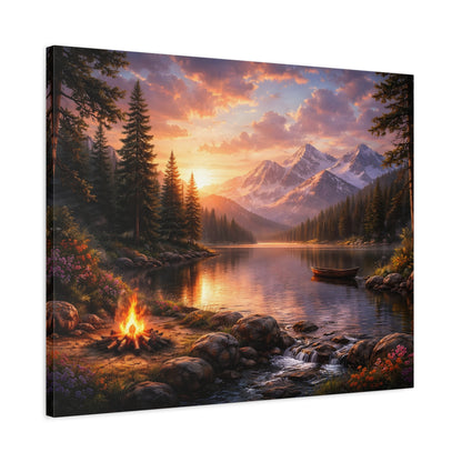 Sunset Mountain Lake Campfire Canvas Wall Art