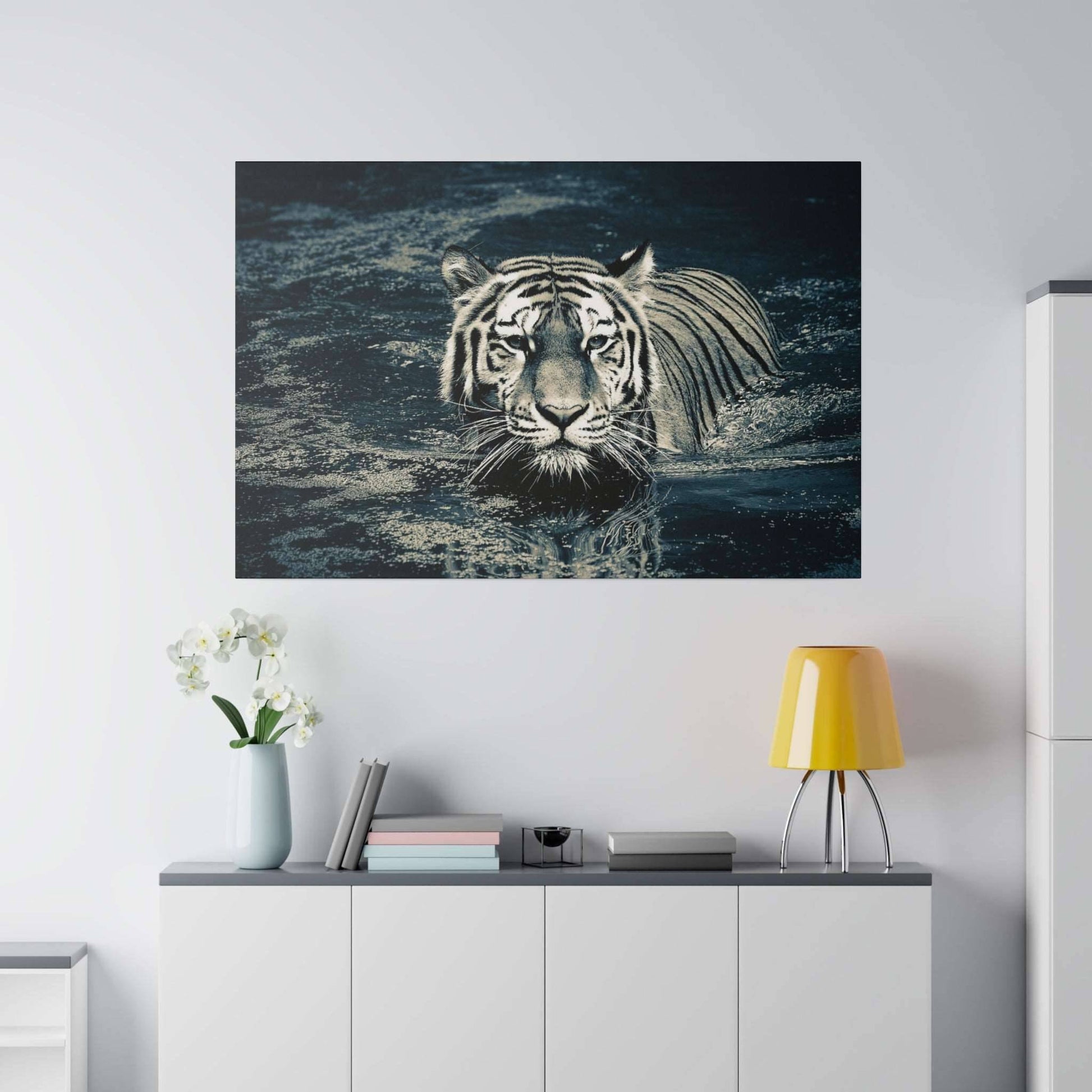 Stealth and Serenity: Monochrome Tiger Water Crossing Canvas Print