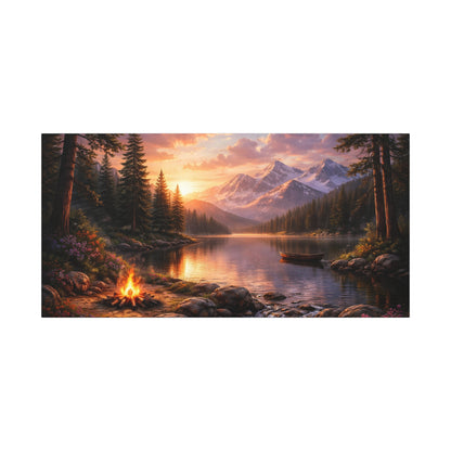 Sunset Mountain Lake Campfire Canvas Wall Art