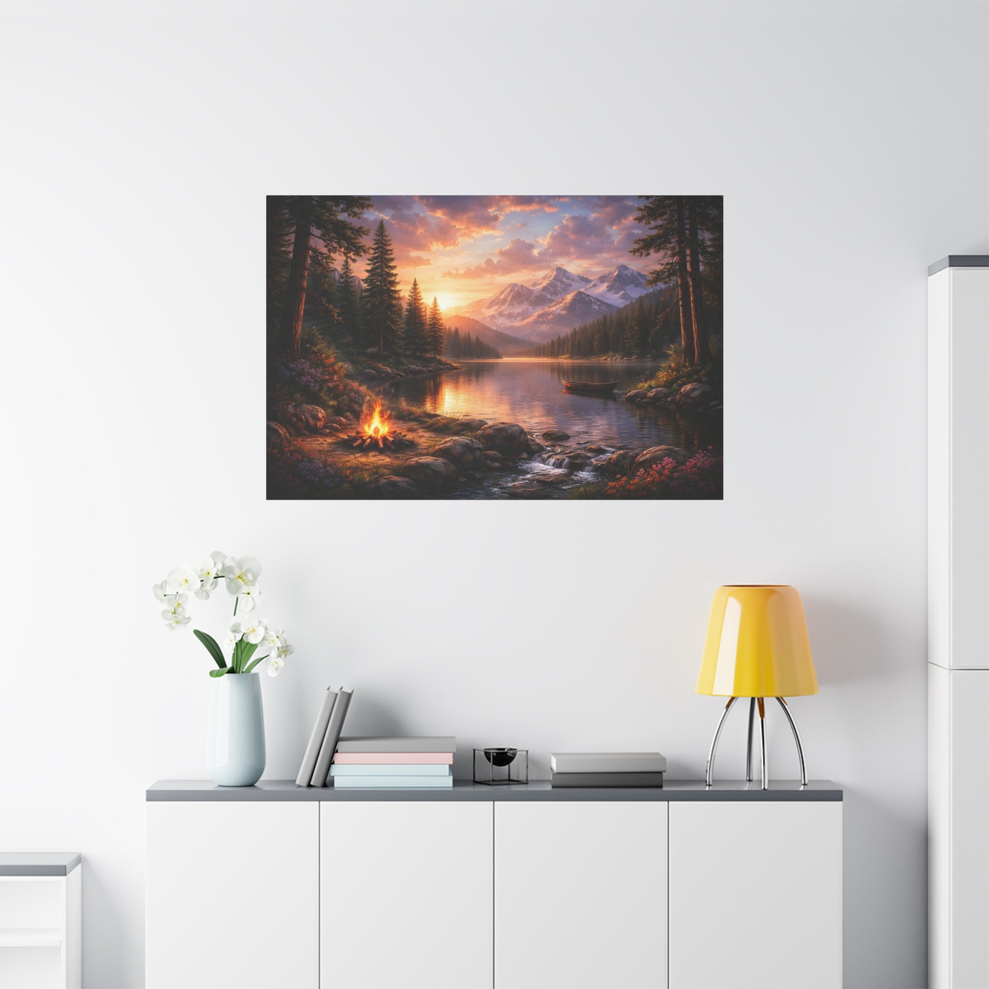 Sunset Mountain Lake Campfire Canvas Wall Art