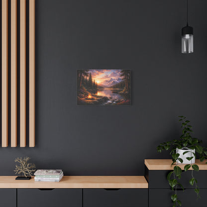 Sunset Mountain Lake Campfire Canvas Wall Art