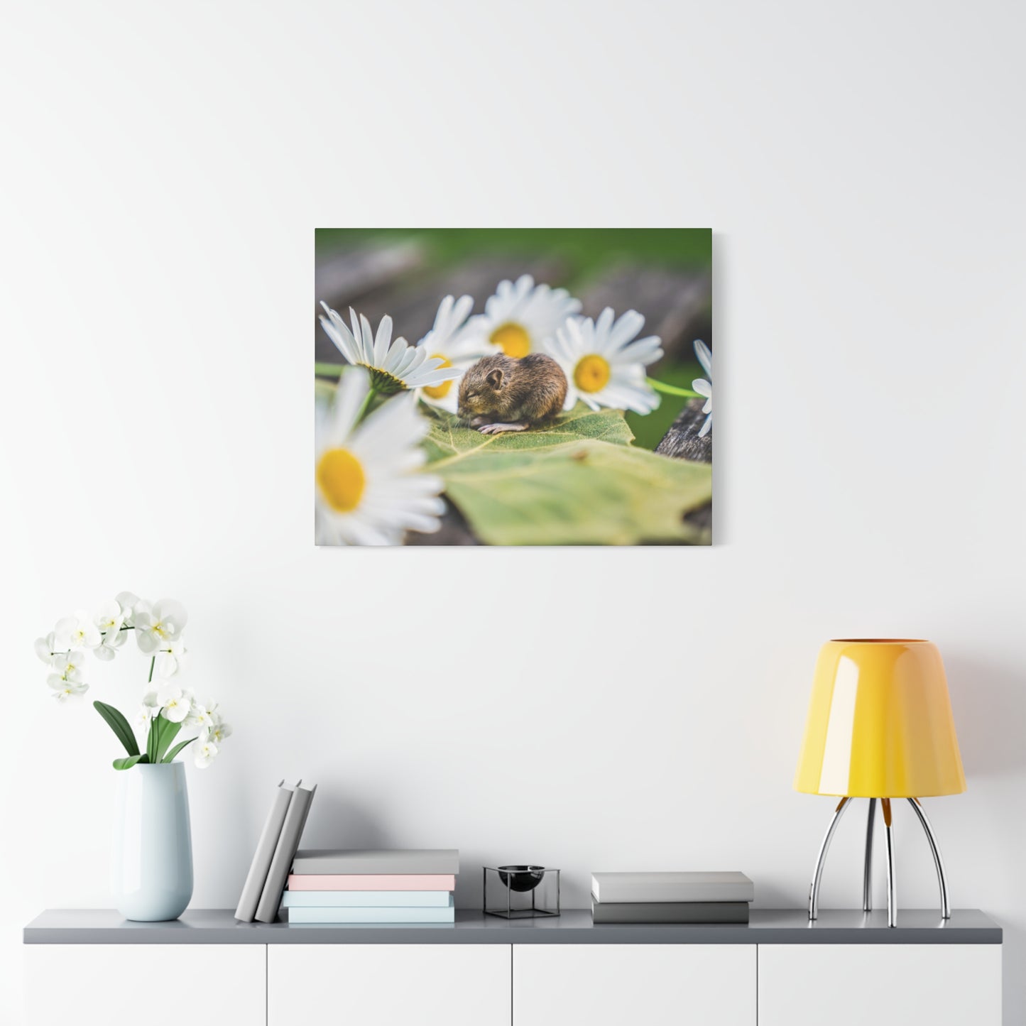 Whispers of Nature: Sleepy Mouse Amongst Daisies Canvas Art