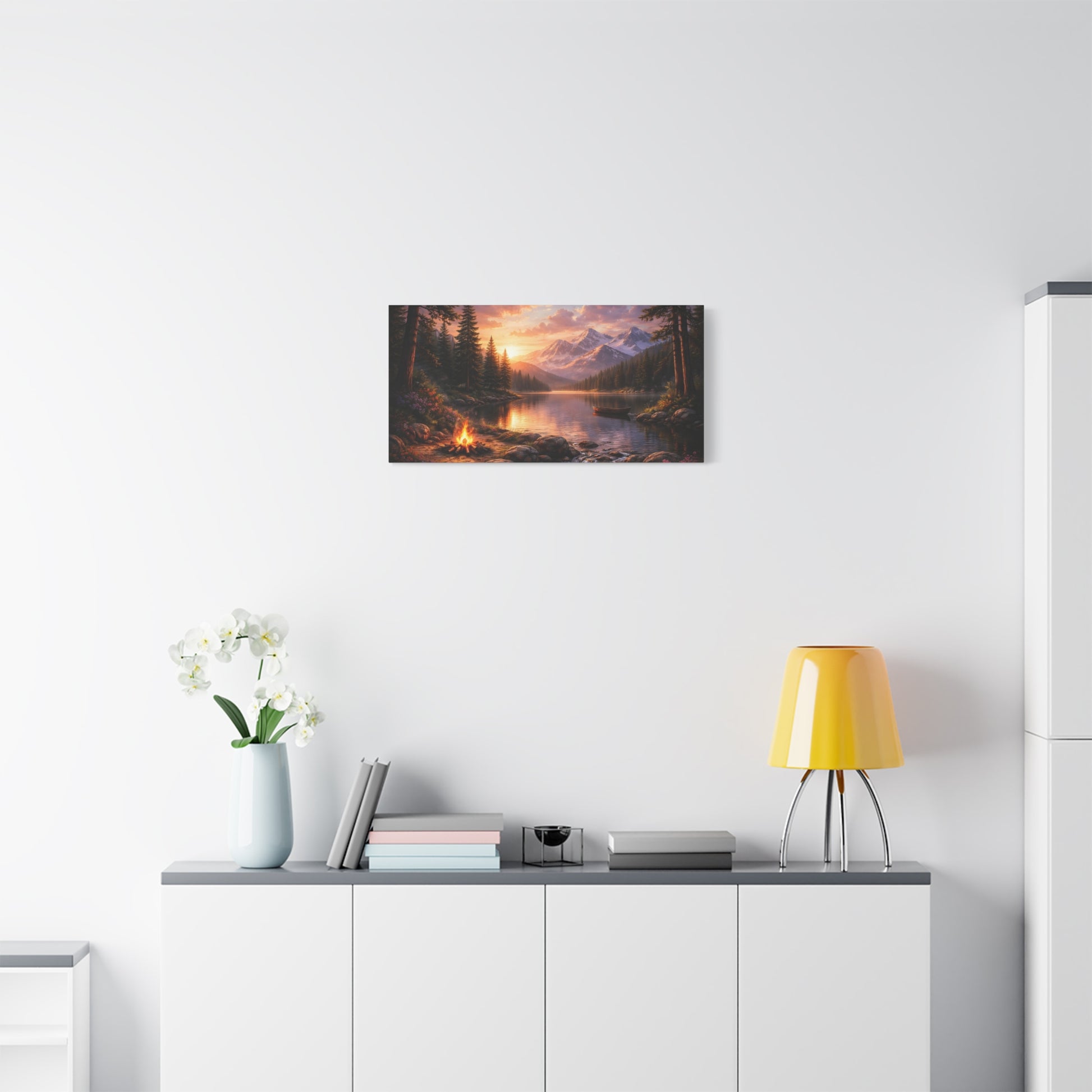 Sunset Mountain Lake Campfire Canvas Wall Art