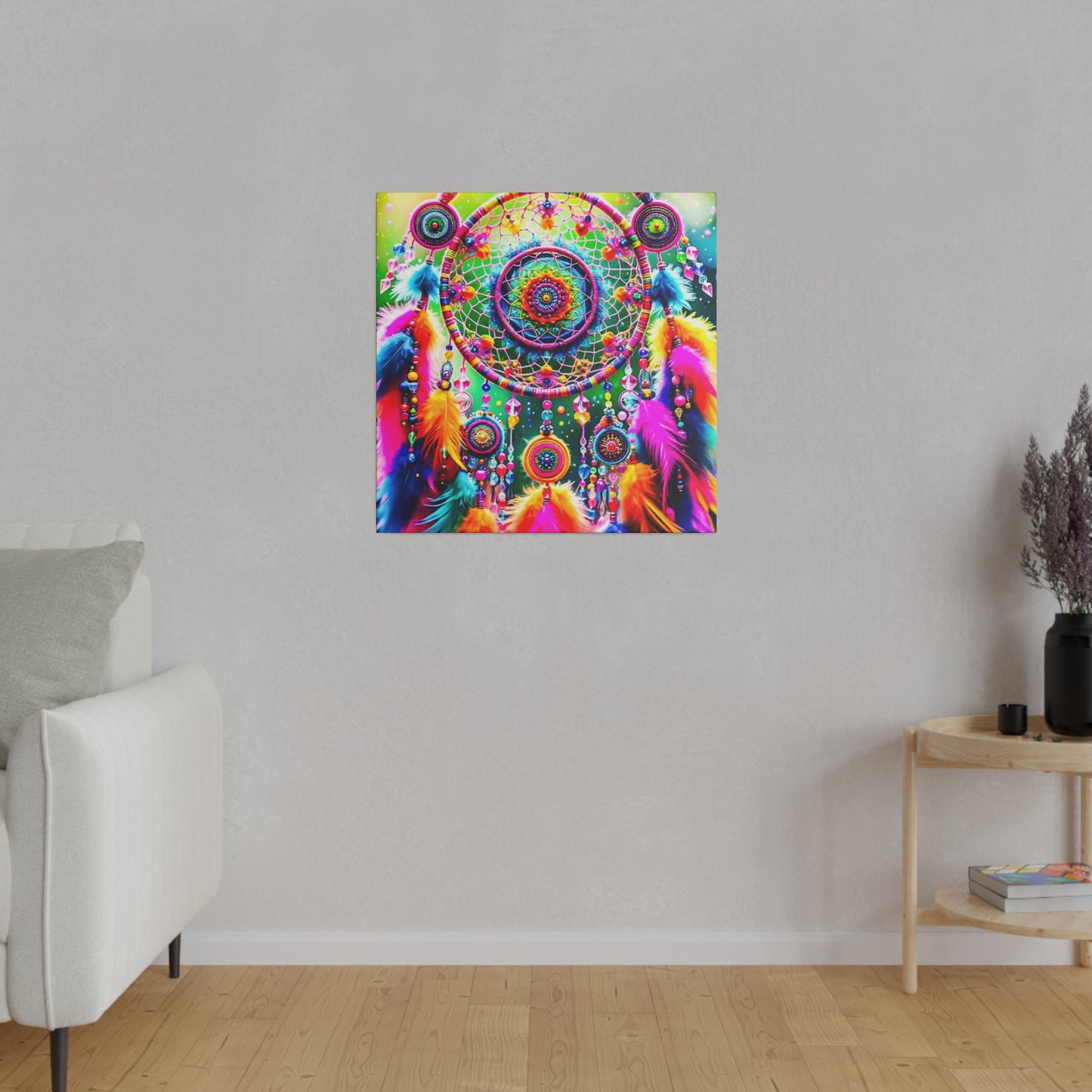 Vibrant Dreamcatcher: Kaleidoscopic Feather Canvas Art