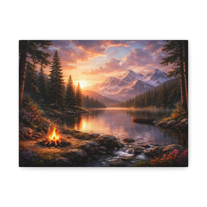 Sunset Mountain Lake Campfire Canvas Wall Art