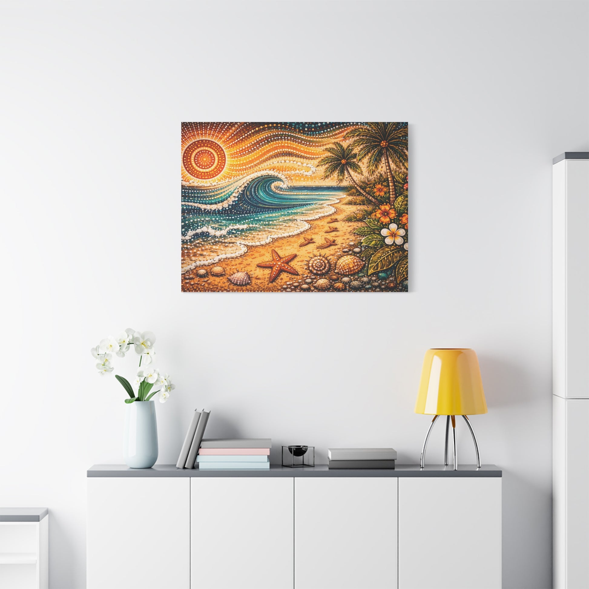 Tropical Beach Canvas Wall Art — Colorful Seascape with Palm Trees & Shells Canvas image 62