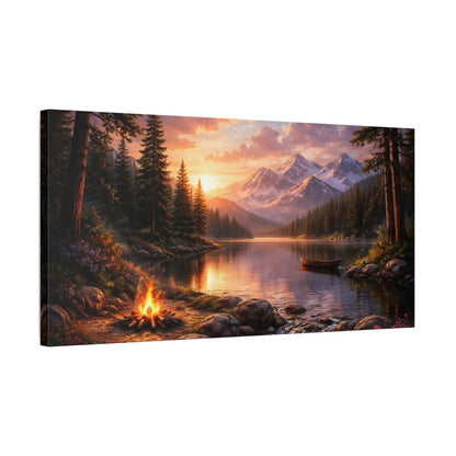 Sunset Mountain Lake Campfire Canvas Wall Art