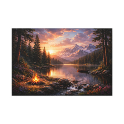 Sunset Mountain Lake Campfire Canvas Wall Art