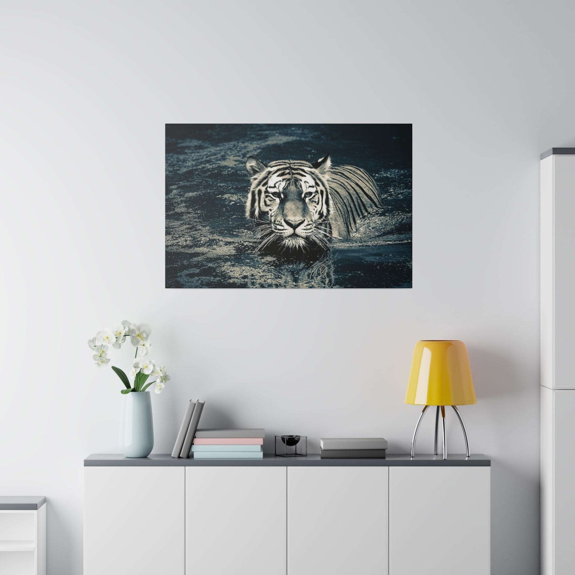 Stealth and Serenity: Monochrome Tiger Water Crossing Canvas Print