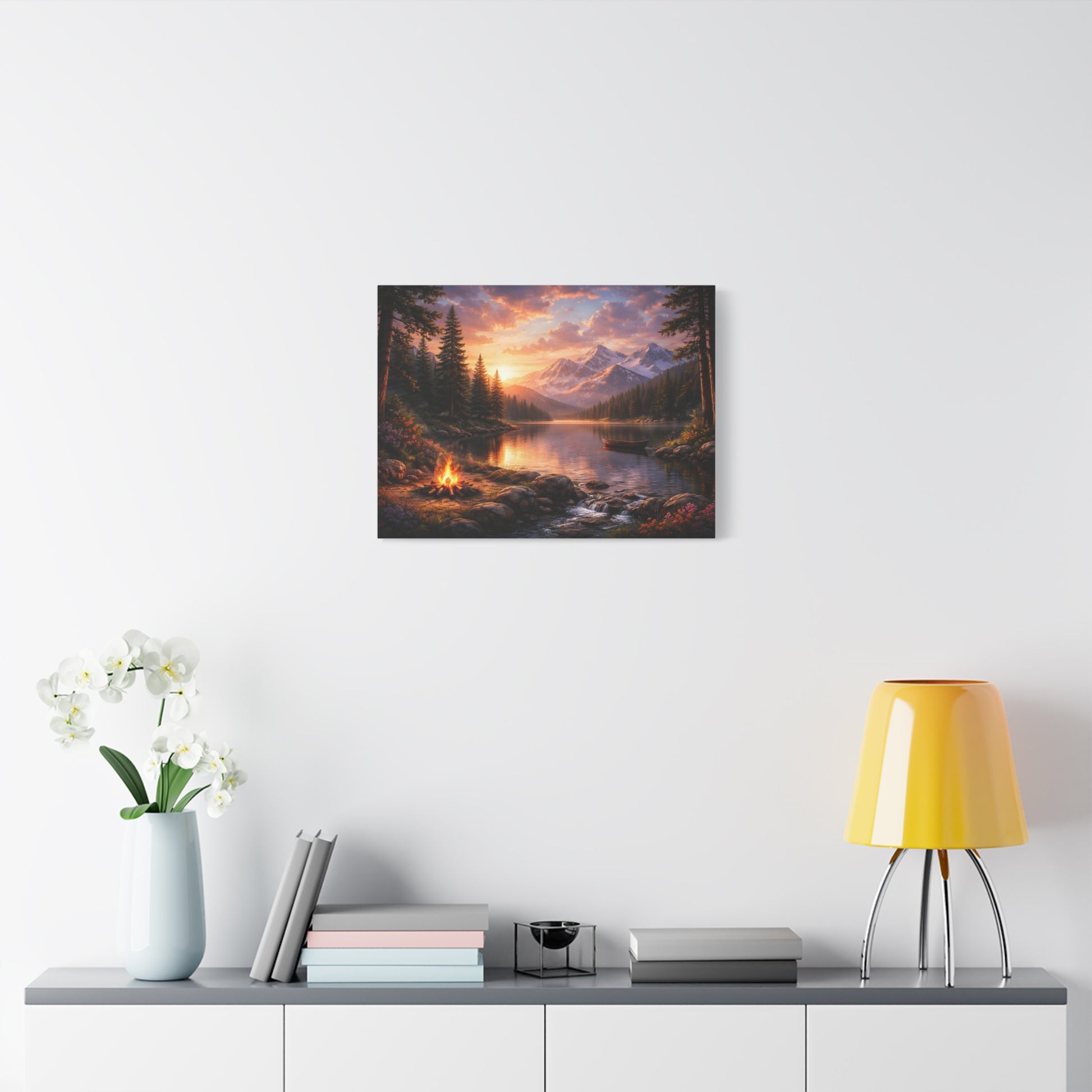 Sunset Mountain Lake Campfire Canvas Wall Art