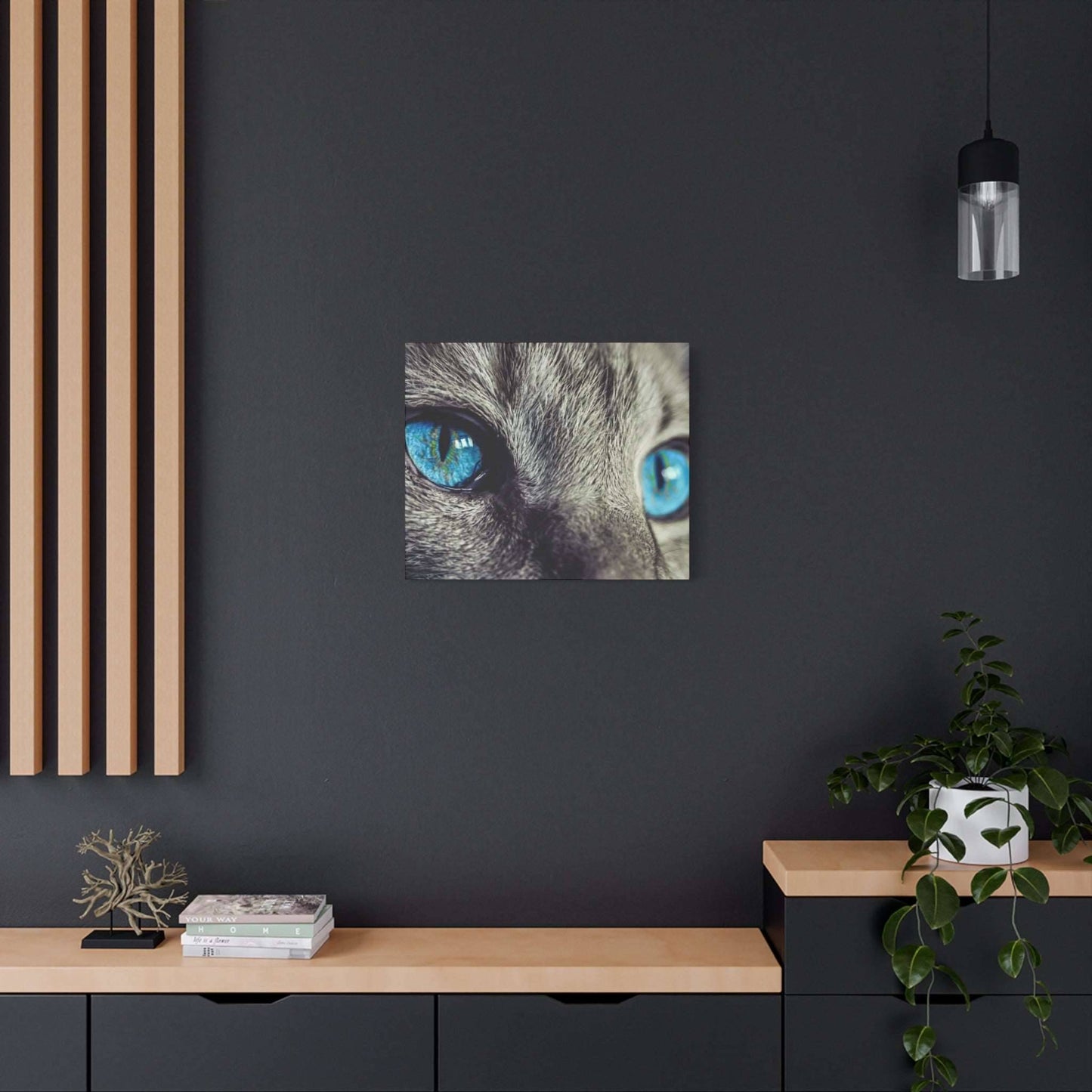 a picture of a cat's blue eyes on a wall