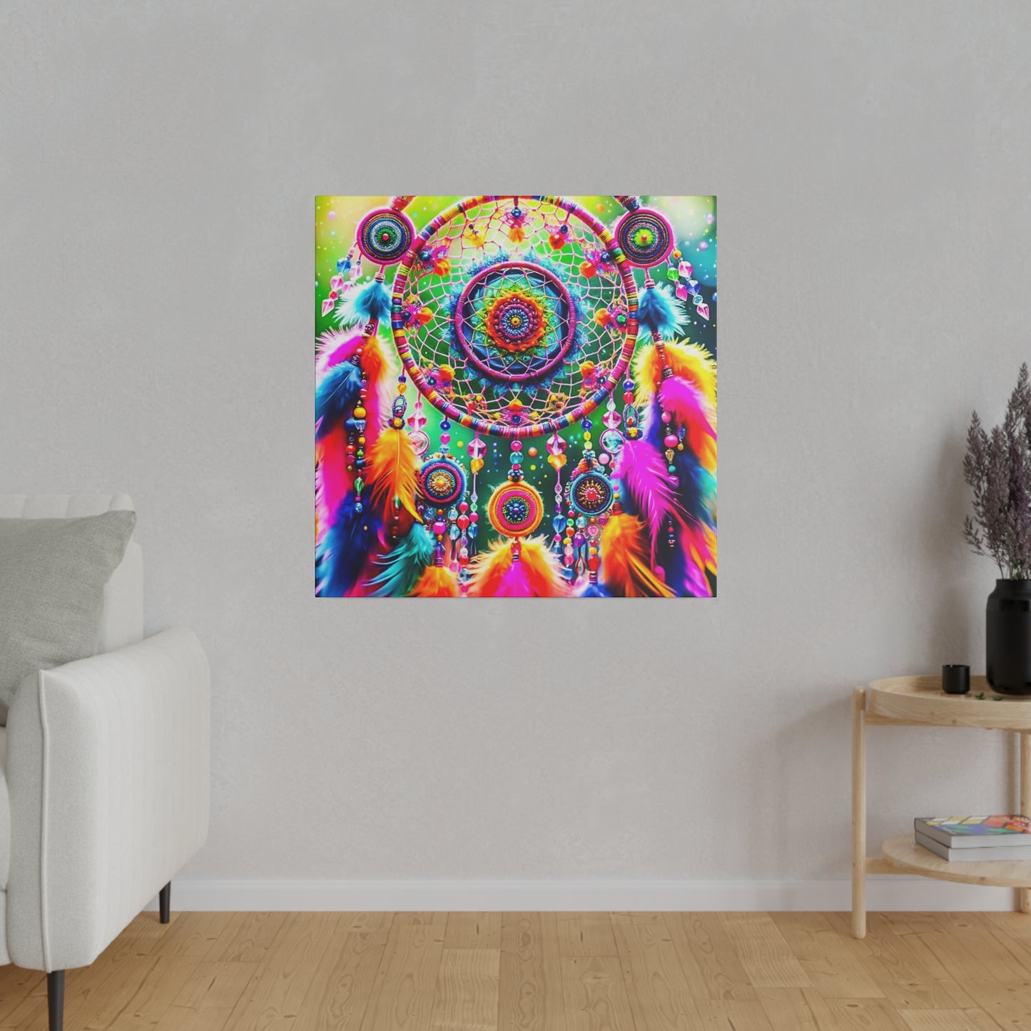 Vibrant Dreamcatcher: Kaleidoscopic Feather Canvas Art