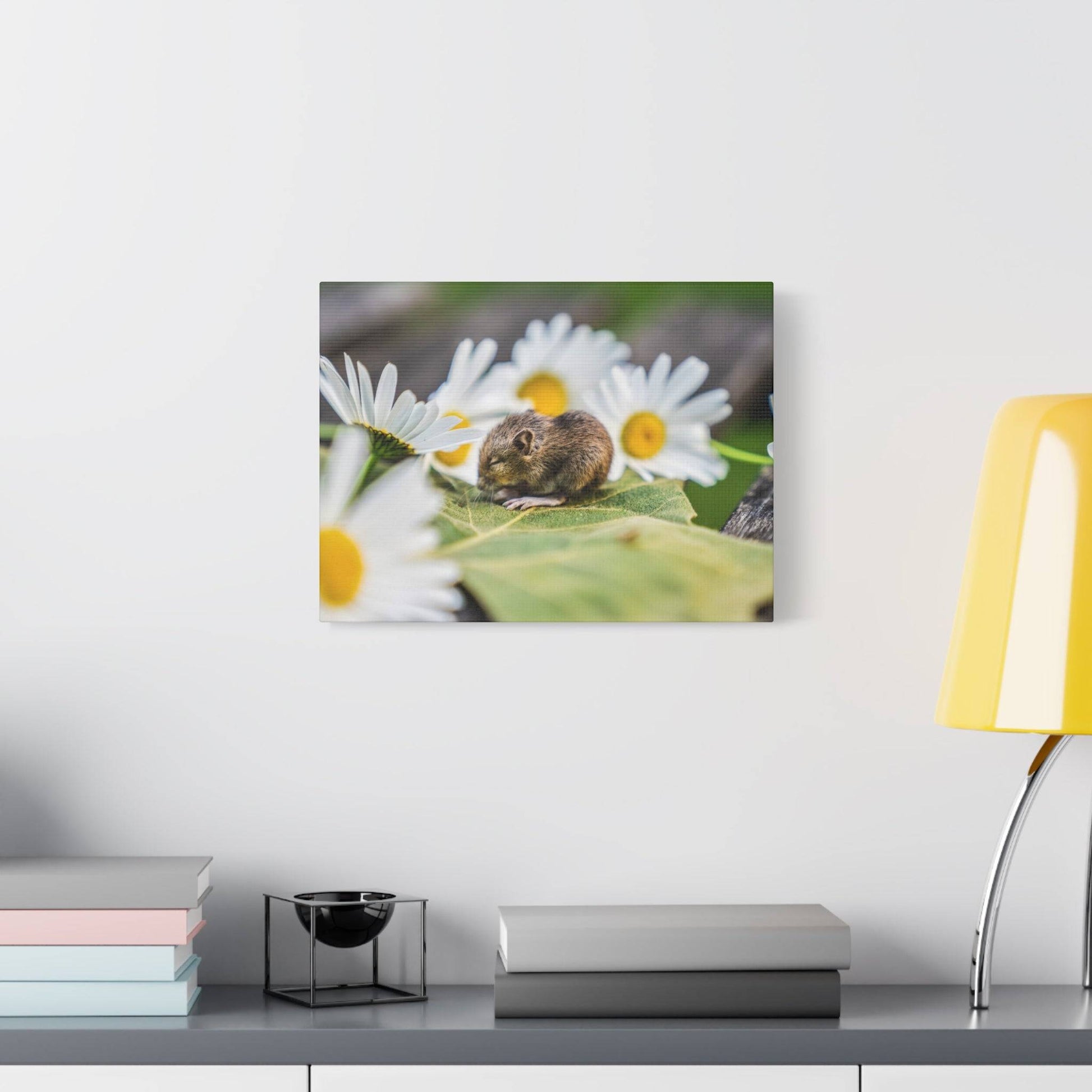 a mouse sitting on a flower in a room