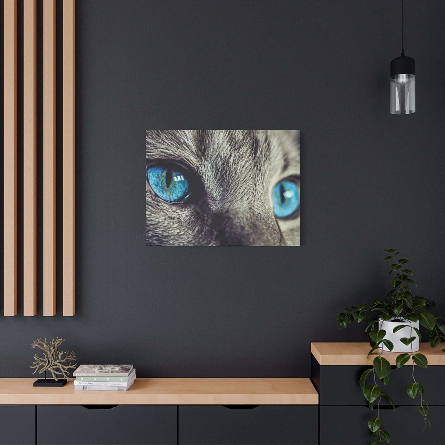 a picture of a cat's blue eyes on a wall