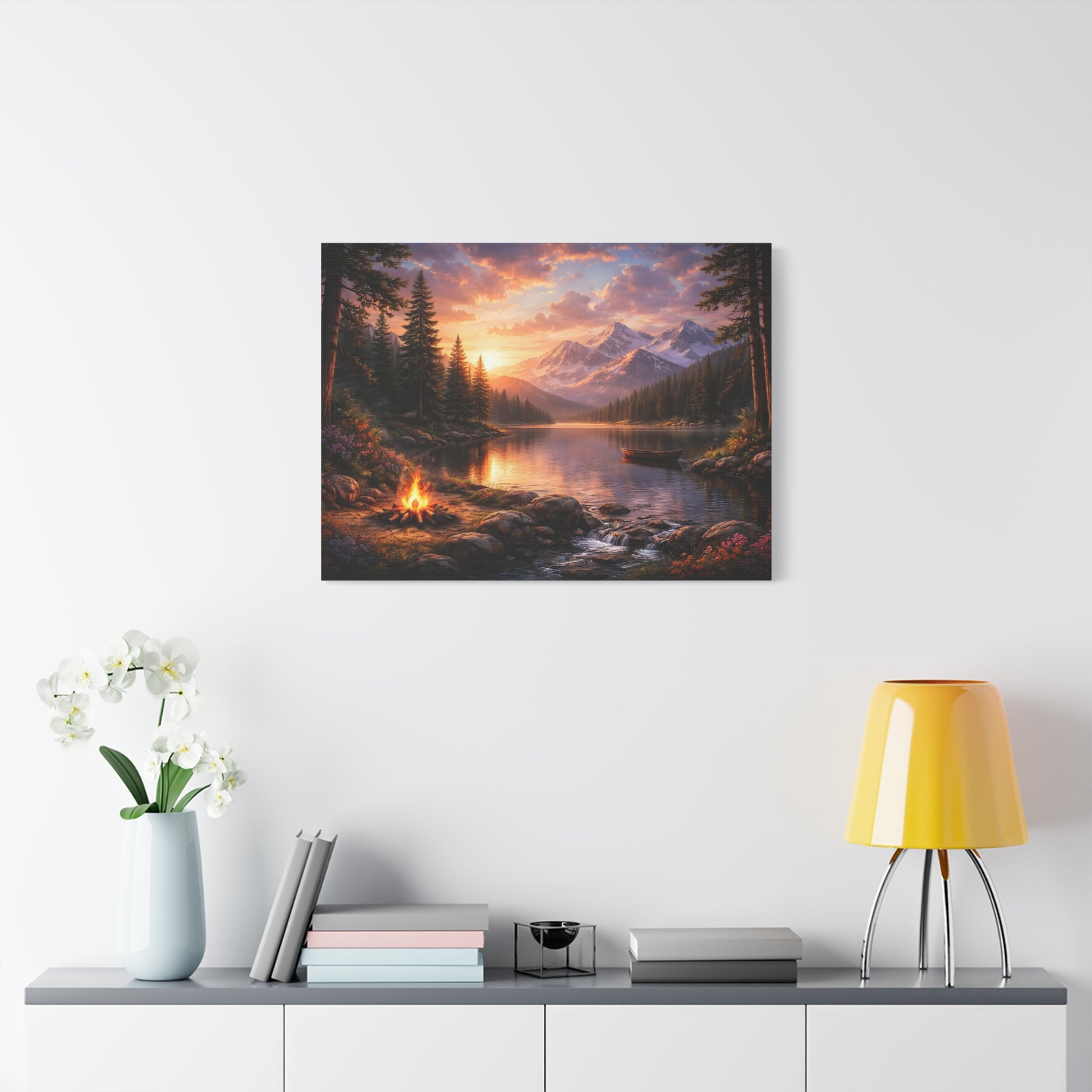 Sunset Mountain Lake Campfire Canvas Wall Art