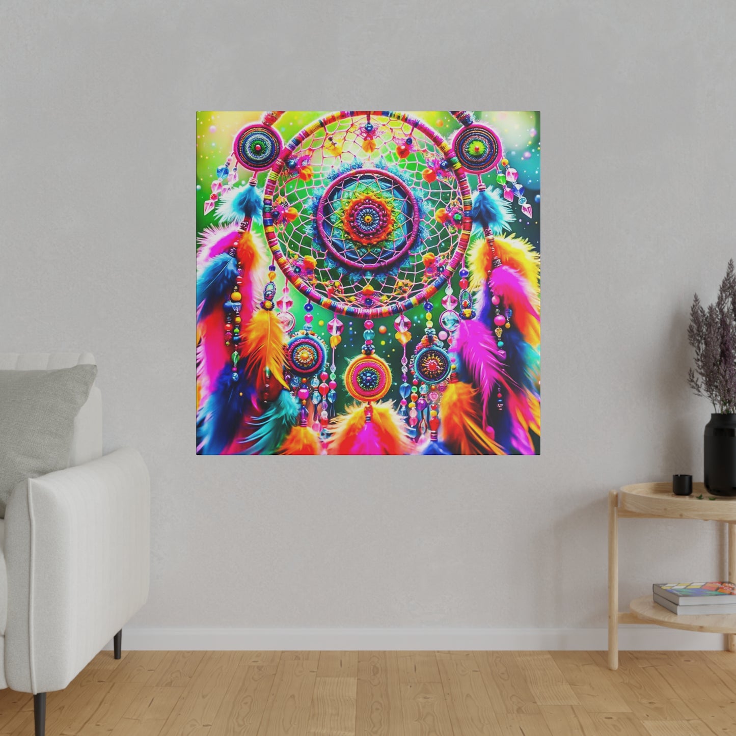 Vibrant Dreamcatcher: Kaleidoscopic Feather Canvas Art