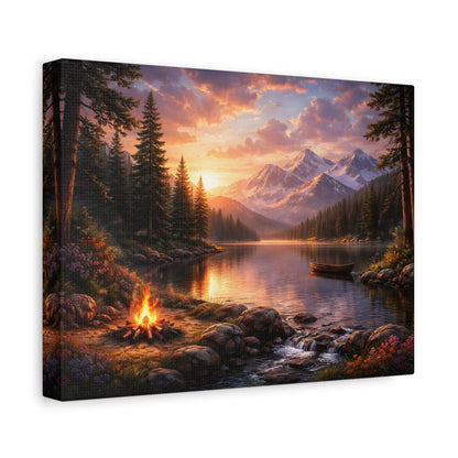 Sunset Mountain Lake Campfire Canvas Wall Art