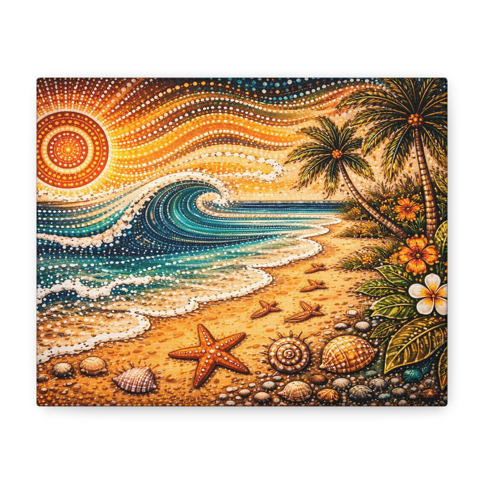 Tropical Beach Canvas Wall Art — Colorful Seascape with Palm Trees & Shells Canvas image 1
