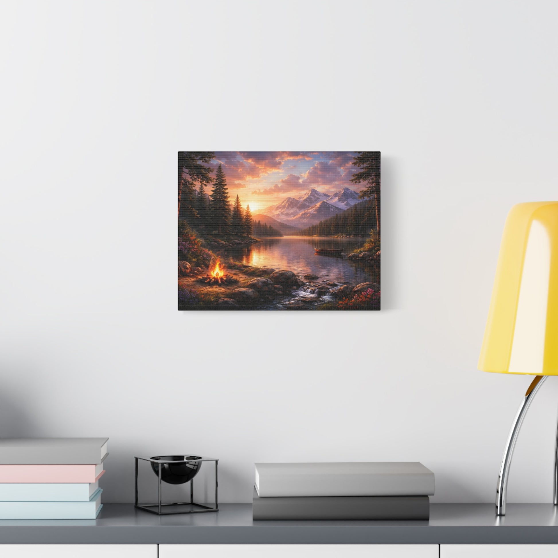 Sunset Mountain Lake Campfire Canvas Wall Art