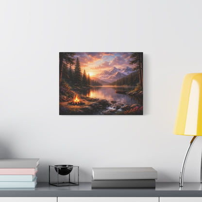 Sunset Mountain Lake Campfire Canvas Wall Art