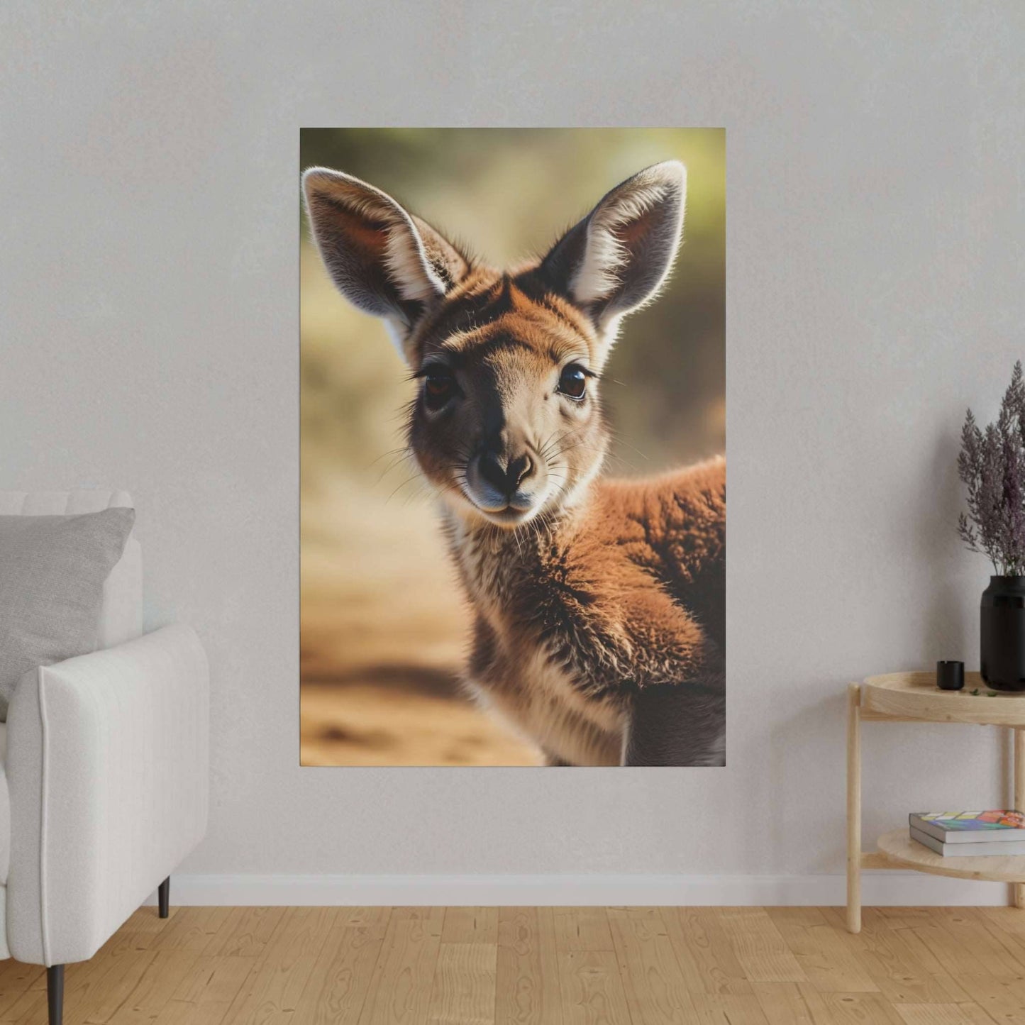 a wall hanging in a living room with a picture of a kangaroo