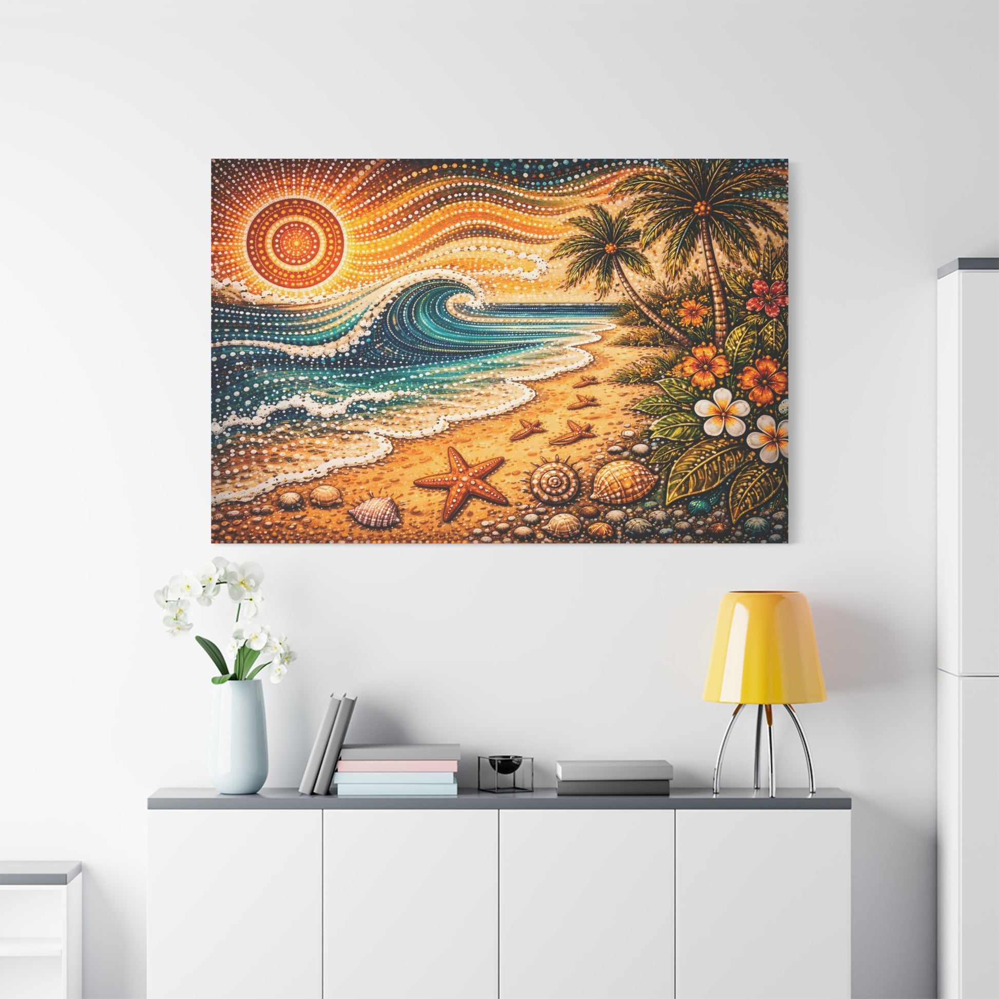 Tropical Beach Canvas Wall Art — Colorful Seascape with Palm Trees & Shells Canvas image 71