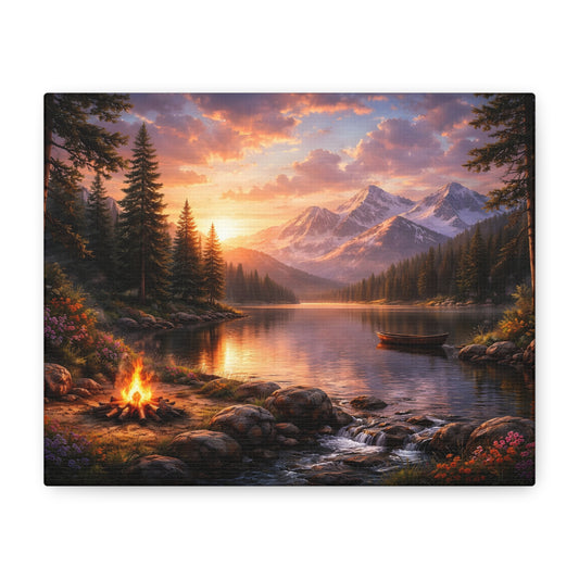 Sunset Mountain Lake Campfire Canvas Wall Art