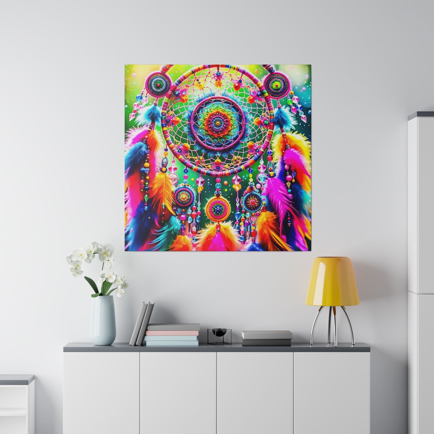 Vibrant Dreamcatcher: Kaleidoscopic Feather Canvas Art