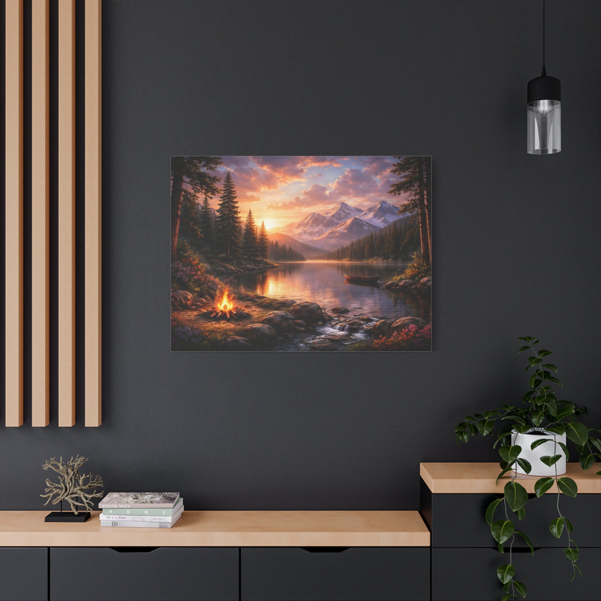 Sunset Mountain Lake Campfire Canvas Wall Art