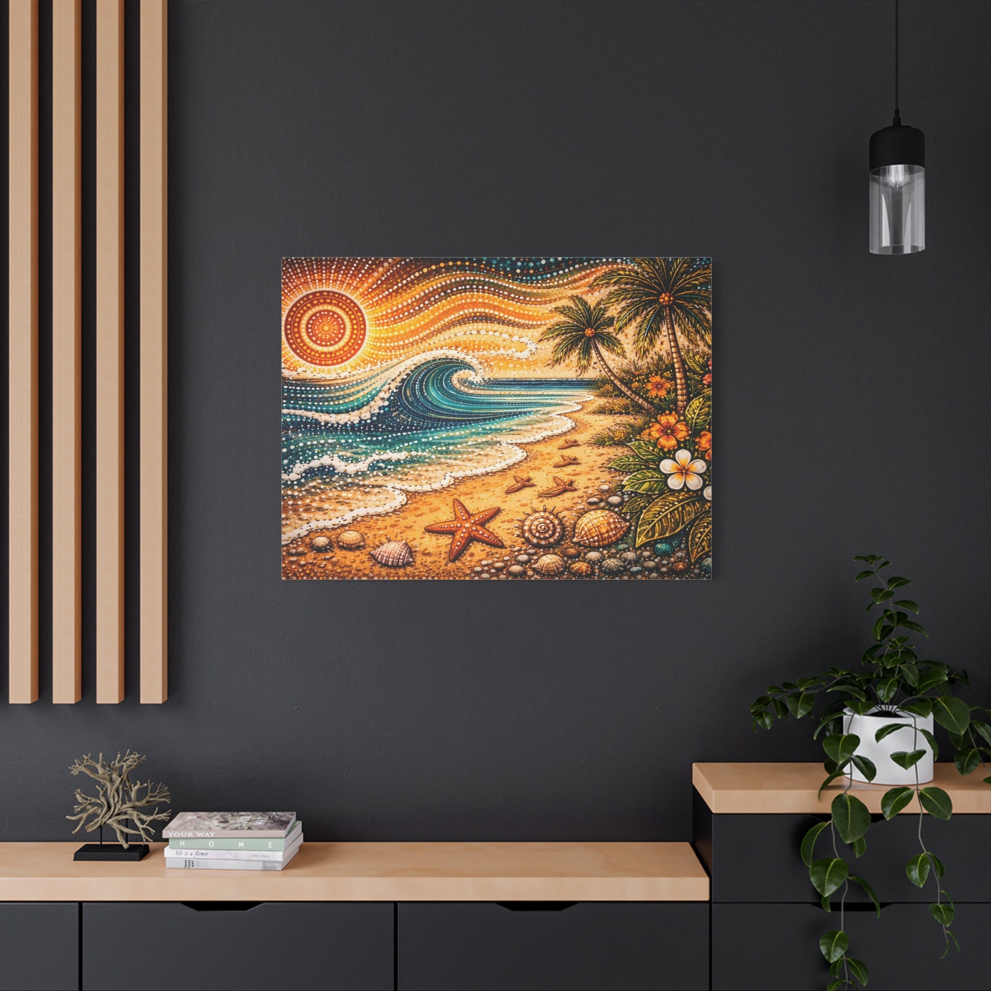 Tropical Beach Canvas Wall Art — Colorful Seascape with Palm Trees & Shells Canvas image 63