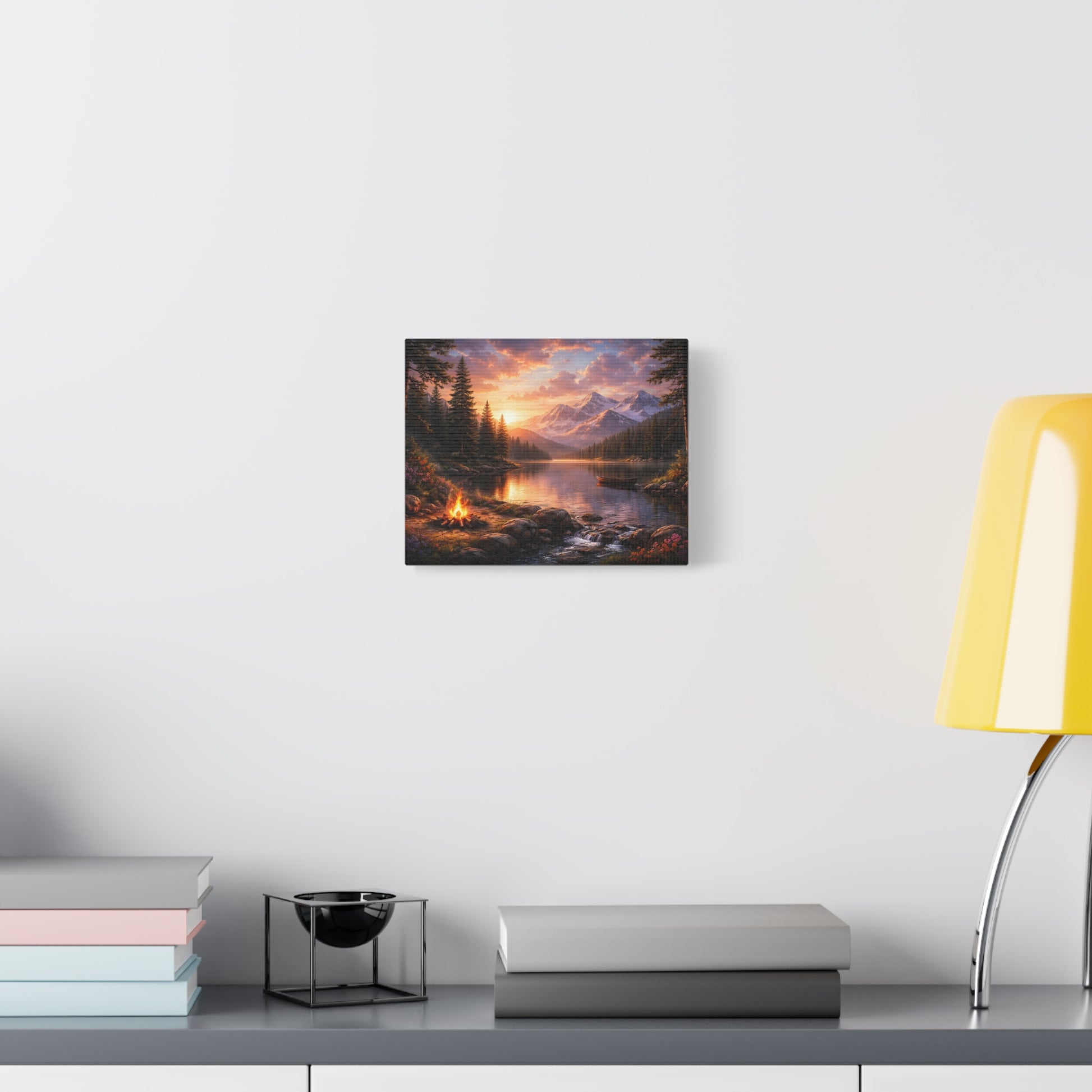 Sunset Mountain Lake Campfire Canvas Wall Art