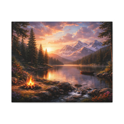 Sunset Mountain Lake Campfire Canvas Wall Art