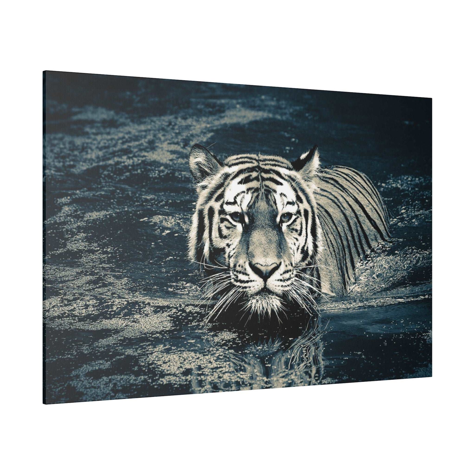 Stealth and Serenity: Monochrome Tiger Water Crossing Canvas Print