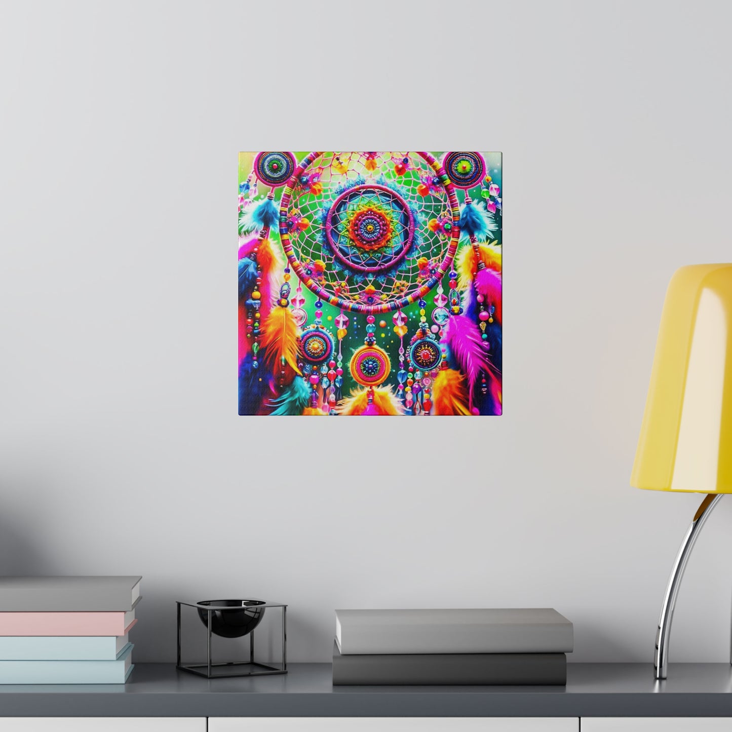 Vibrant Dreamcatcher: Kaleidoscopic Feather Canvas Art