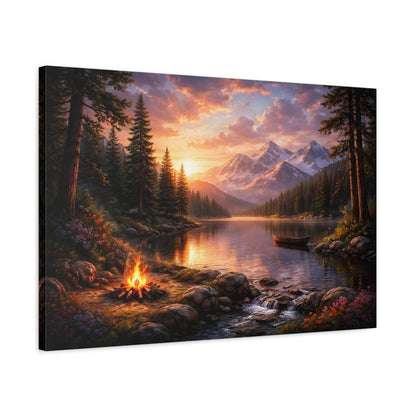 Sunset Mountain Lake Campfire Canvas Wall Art
