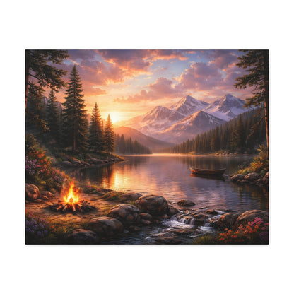 Sunset Mountain Lake Campfire Canvas Wall Art