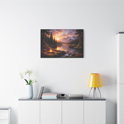Sunset Mountain Lake Campfire Canvas Wall Art