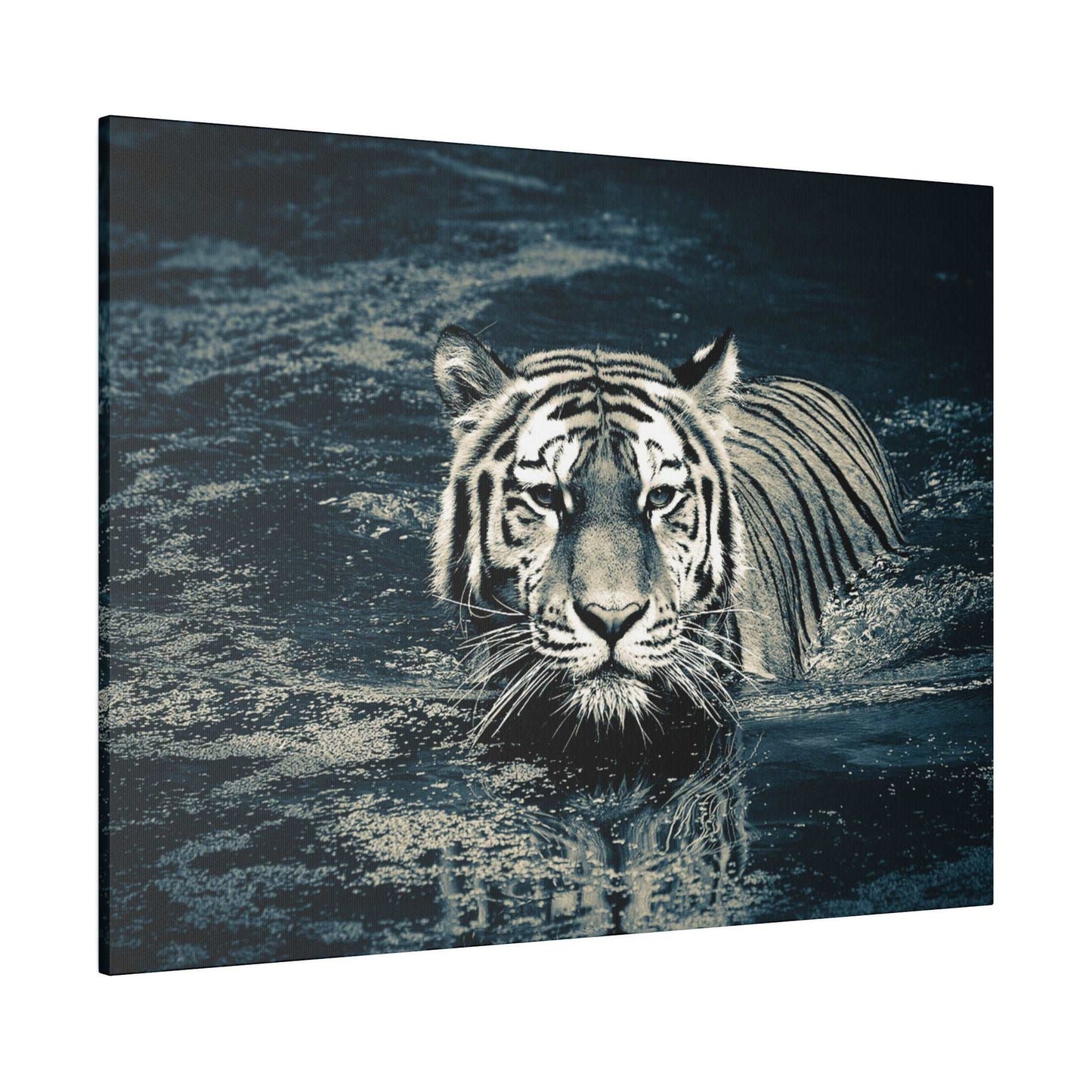 Stealth and Serenity: Monochrome Tiger Water Crossing Canvas Print