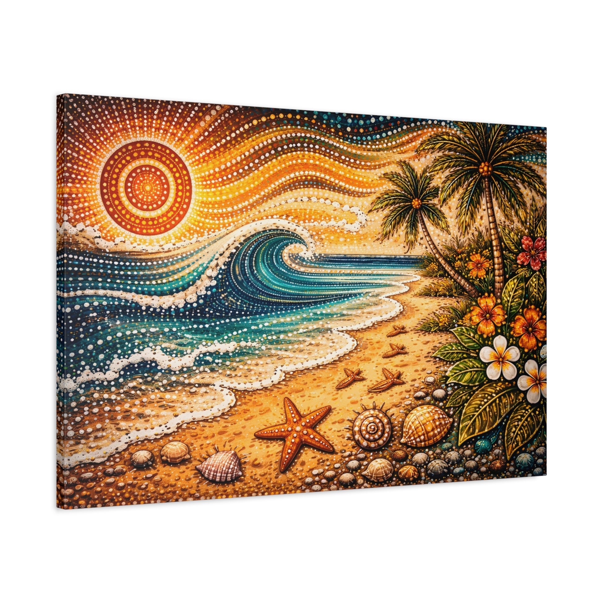Tropical Beach Canvas Wall Art — Colorful Seascape with Palm Trees & Shells Canvas image 58