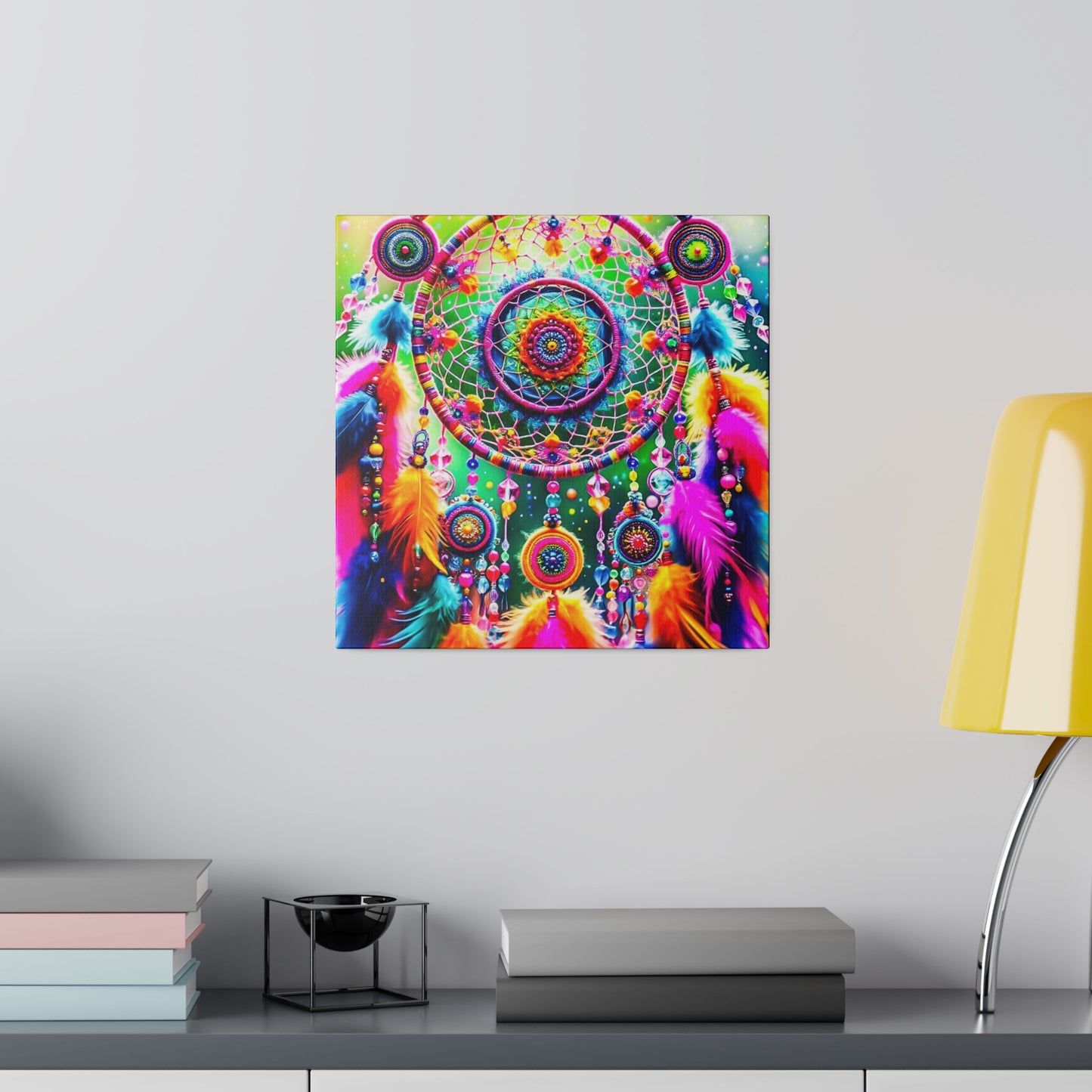 Vibrant Dreamcatcher: Kaleidoscopic Feather Canvas Art