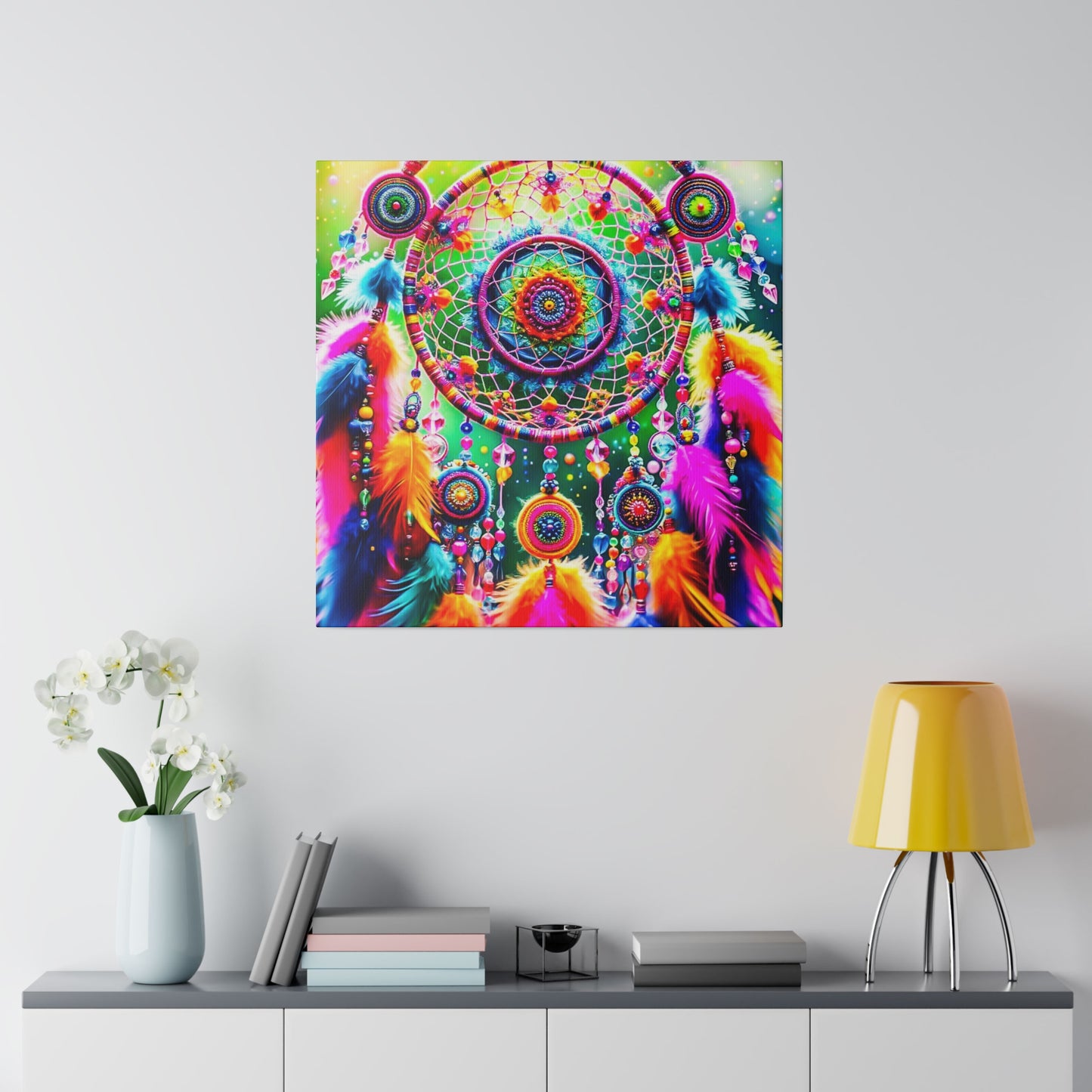 Vibrant Dreamcatcher: Kaleidoscopic Feather Canvas Art