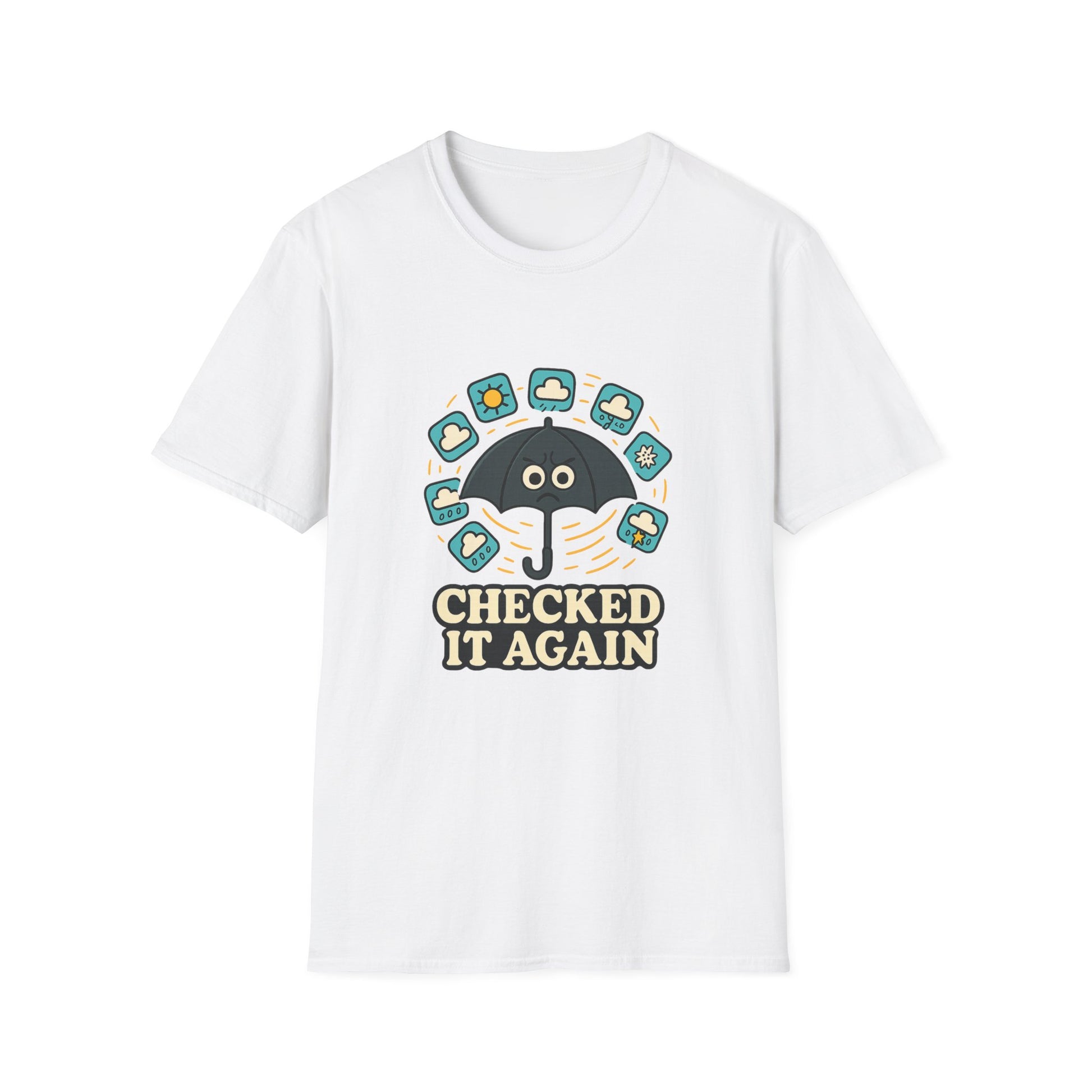Weather App Overthinker artwork shown on the front of a clean studio graphic tee