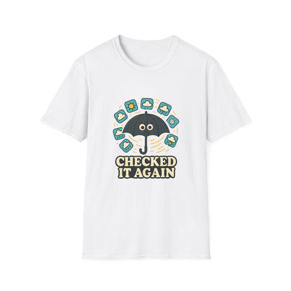 Weather App Overthinker artwork shown on the front of a clean studio graphic tee