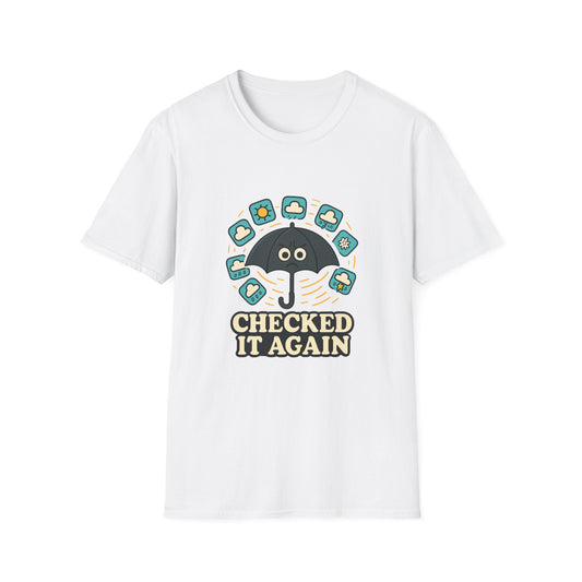 Weather App Overthinker artwork shown on the front of a clean studio graphic tee