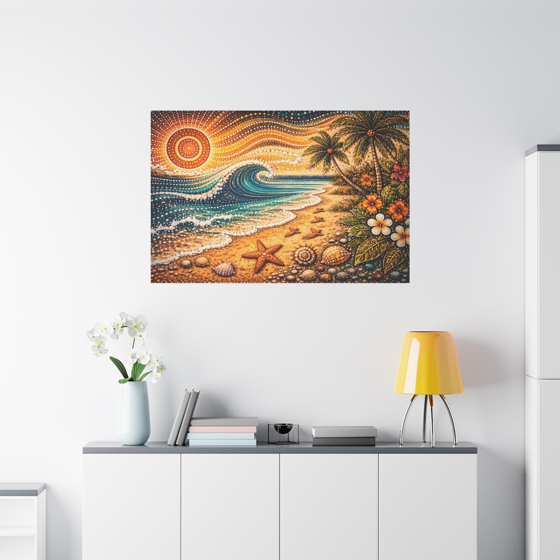Tropical Beach Canvas Wall Art — Colorful Seascape with Palm Trees & Shells Canvas image 65